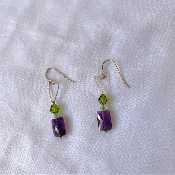 Heart w Amethyst Stone Drops Earrings - Picture 4 of 5